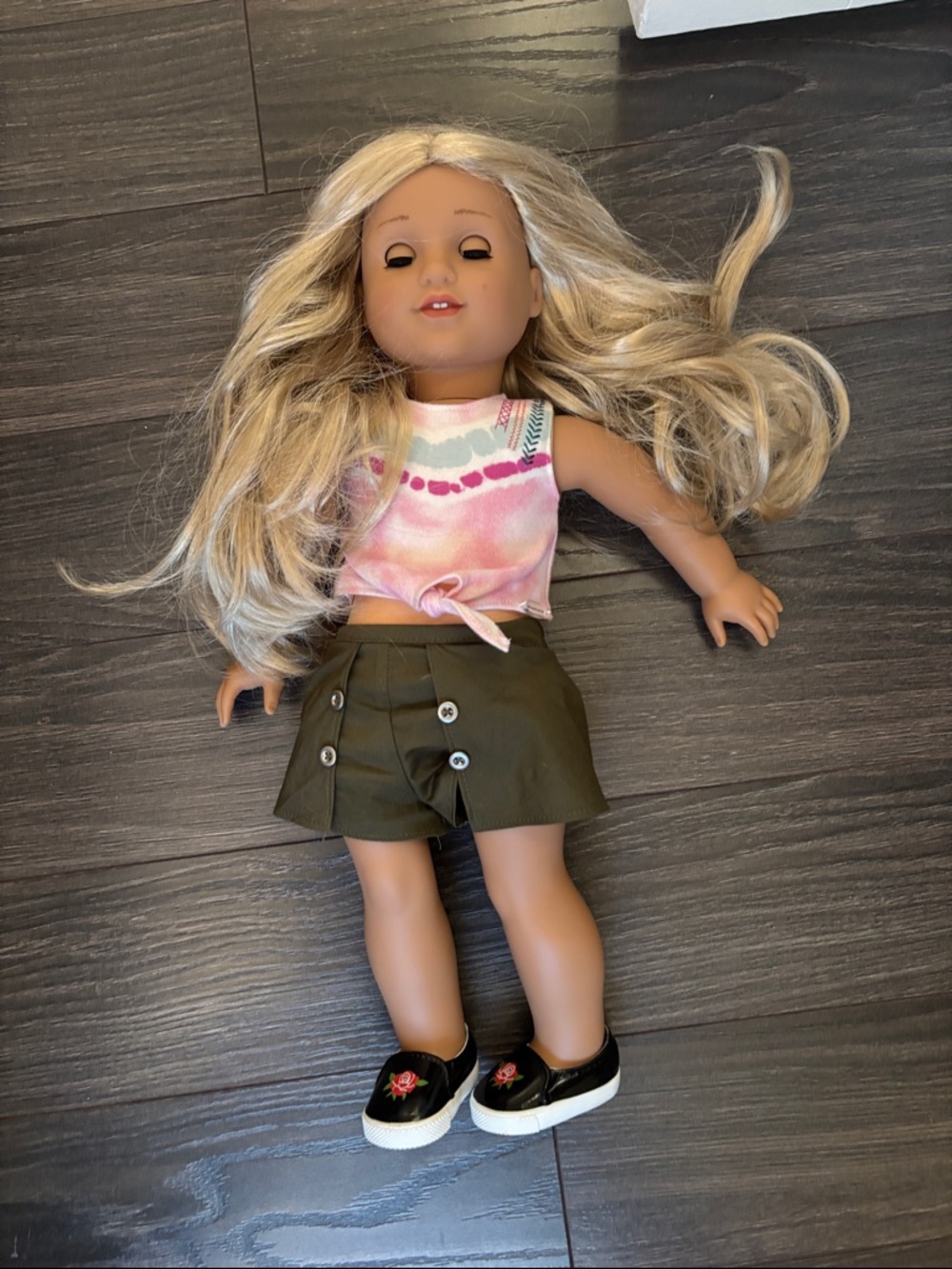 American Girl Blonde Doll with Pink Tie-Dye Top and Olive Skort